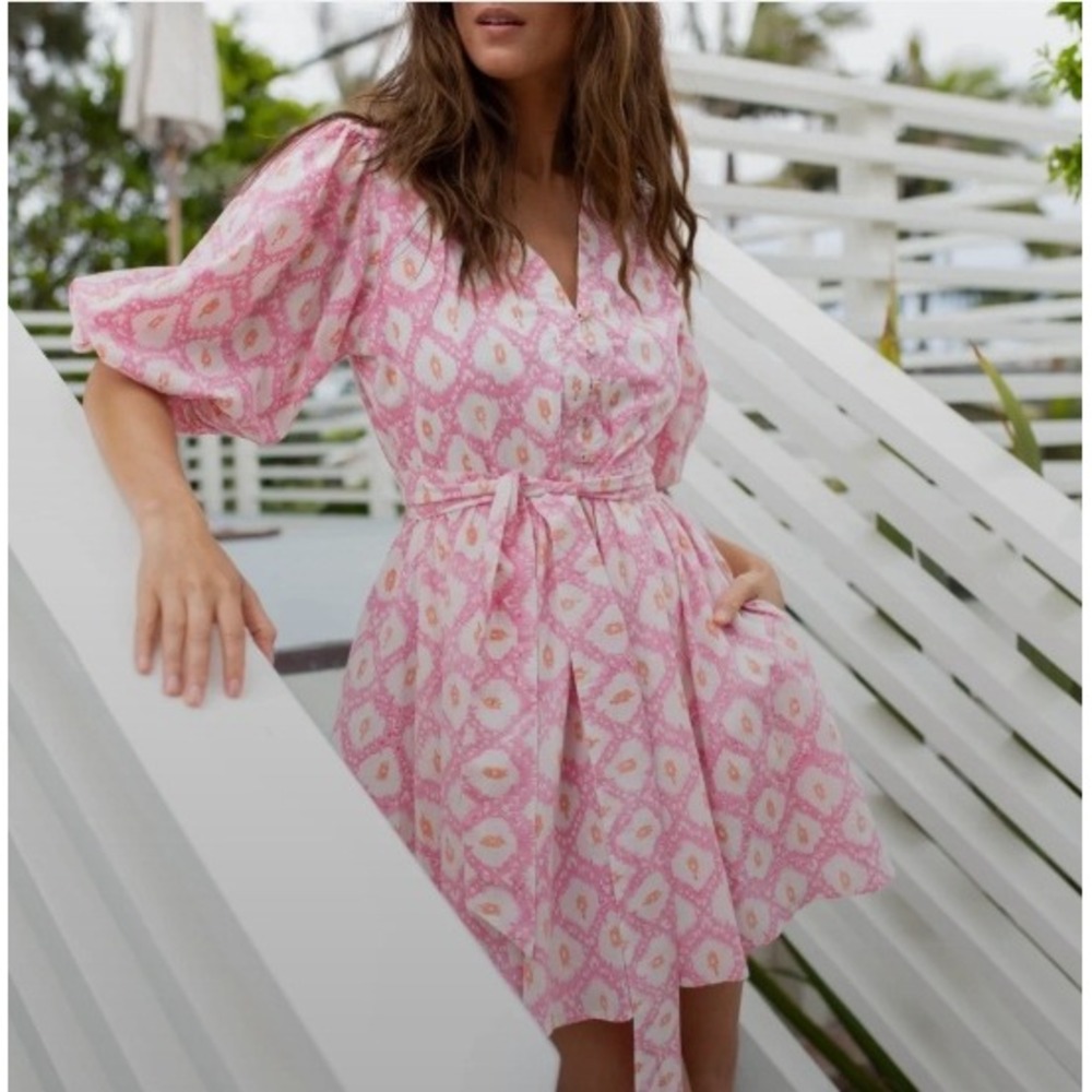 Marea Ikat Mini Dress Women's‎ Small Pink Bell Sleeve V-Neck Button Front